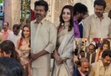 വിവാഹമോചന വിവാദം കൊടുമ്പിരി കൊണ്ടിരിക്കെ നടി തൃഷയെ ചേർത്തു പിടിച്ച് വിവാഹ സൽക്കാര വേദിയിൽ സൂപ്പർതാരം വിജയ്; ഇരുവരും എത്തിയത് ഒരേ വാഹനത്തിൽ; ധരിച്ചിരുന്നത് മാച്ചിങ് വേഷം: വീഡിയോ ദൃശ്യങ്ങൾ കാണാം