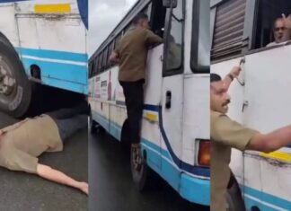 കെഎസ്ആർടിസിക്കെതിരെ വേറിട്ട പ്രതിഷേധം; ബസിന് അടിയിൽ കിടന്ന് സ്വകാര്യ ബസ് ഉടമ, വീഡിയോ കാണാം